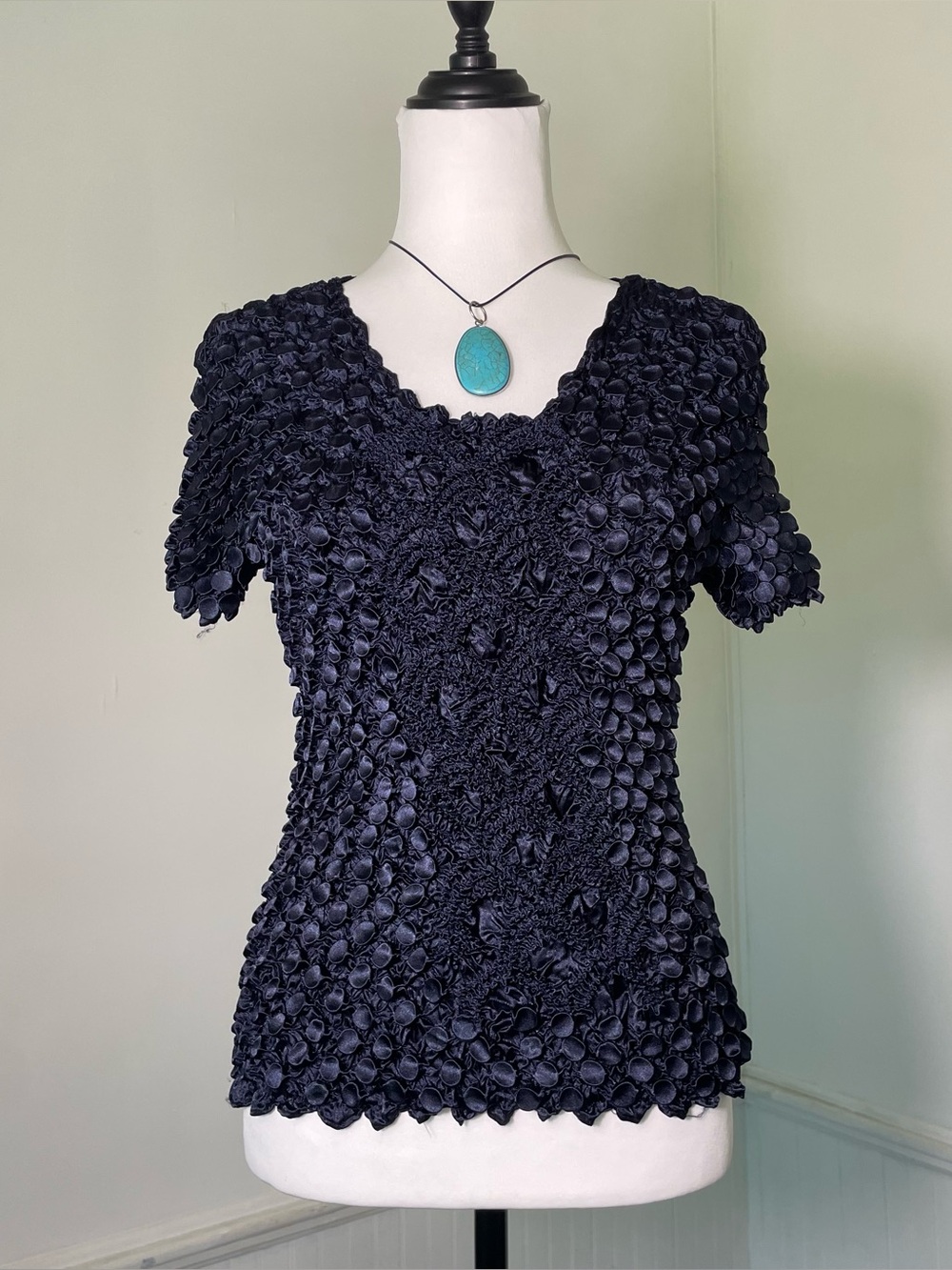 Unbranded Dark Blue Bubble Popcorn Scrunch Top